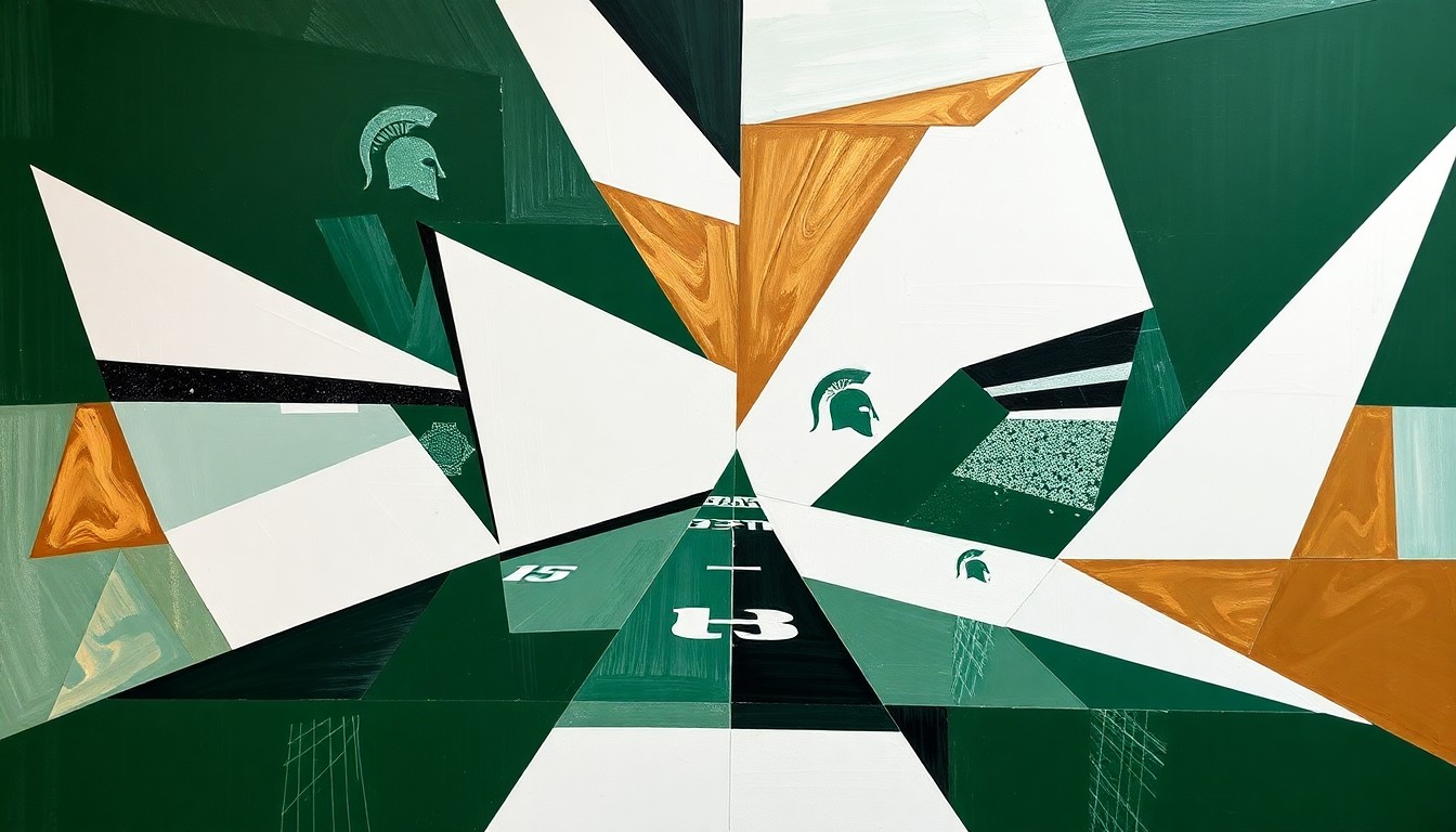 A cubist, geometric painting depicting fragmented views of a Michigan State football spring game, with sharp planes of green, white, and bronze representing the players and field.
