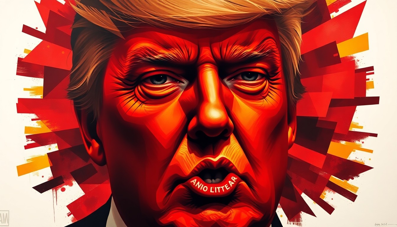 A fractured, abstract painting of Donald Trump's head in overlapping geometric shapes of red, orange, and yellow, conveying a sense of political turmoil and rage.