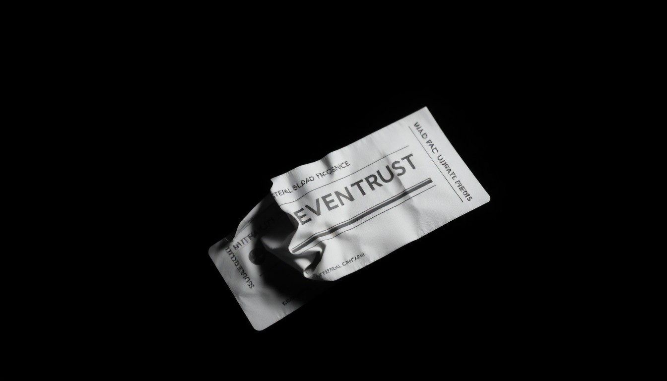 An extreme close-up photograph of a crumpled, discarded event pass or credential against a pitch-black background, lit by a harsh, direct camera flash, conceptually representing the violation of trust and safety at a public event.