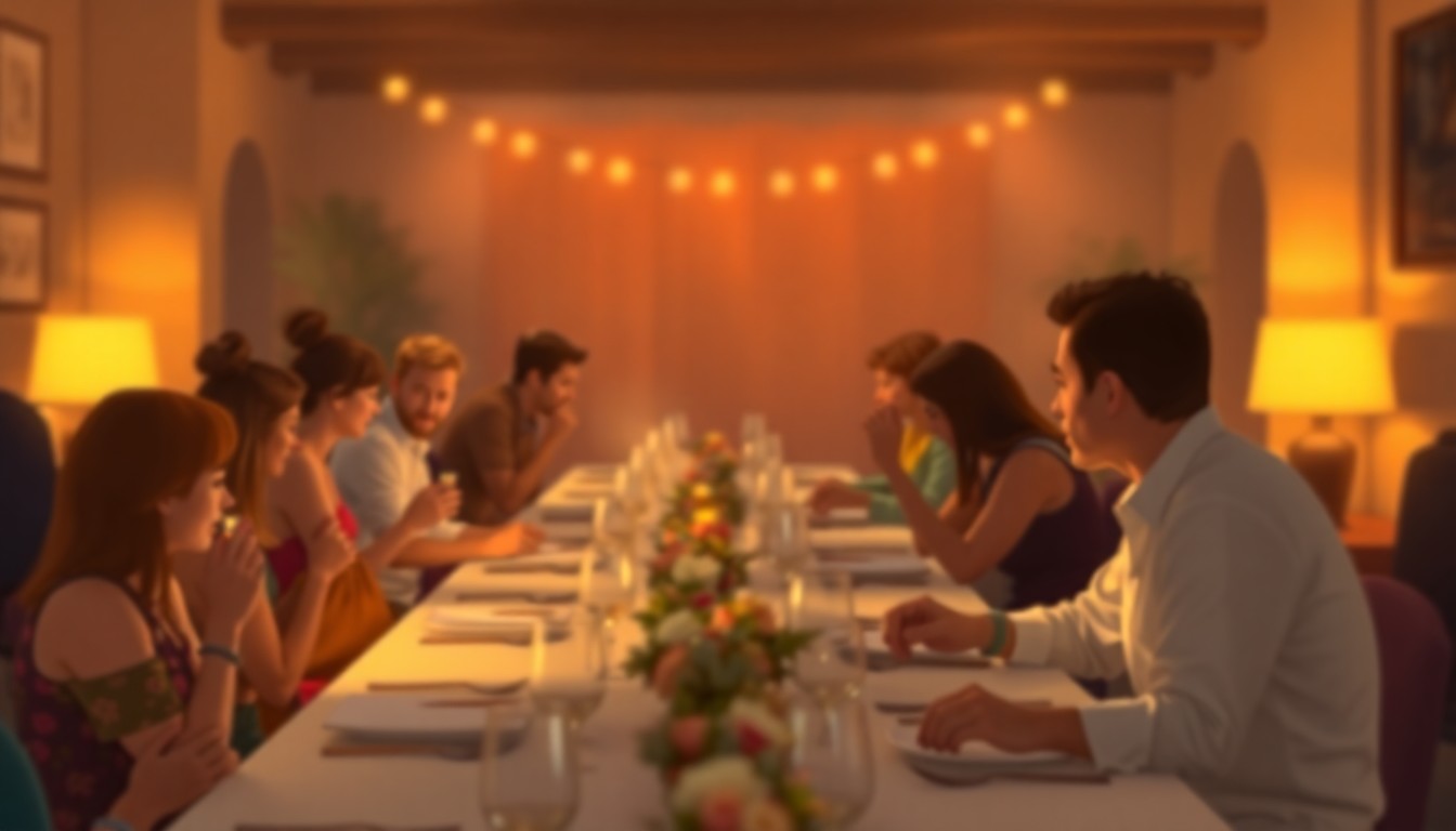 An abstract, out-of-focus scene of people dining at a long table, with warm pools of light and color creating a cozy, intimate atmosphere.