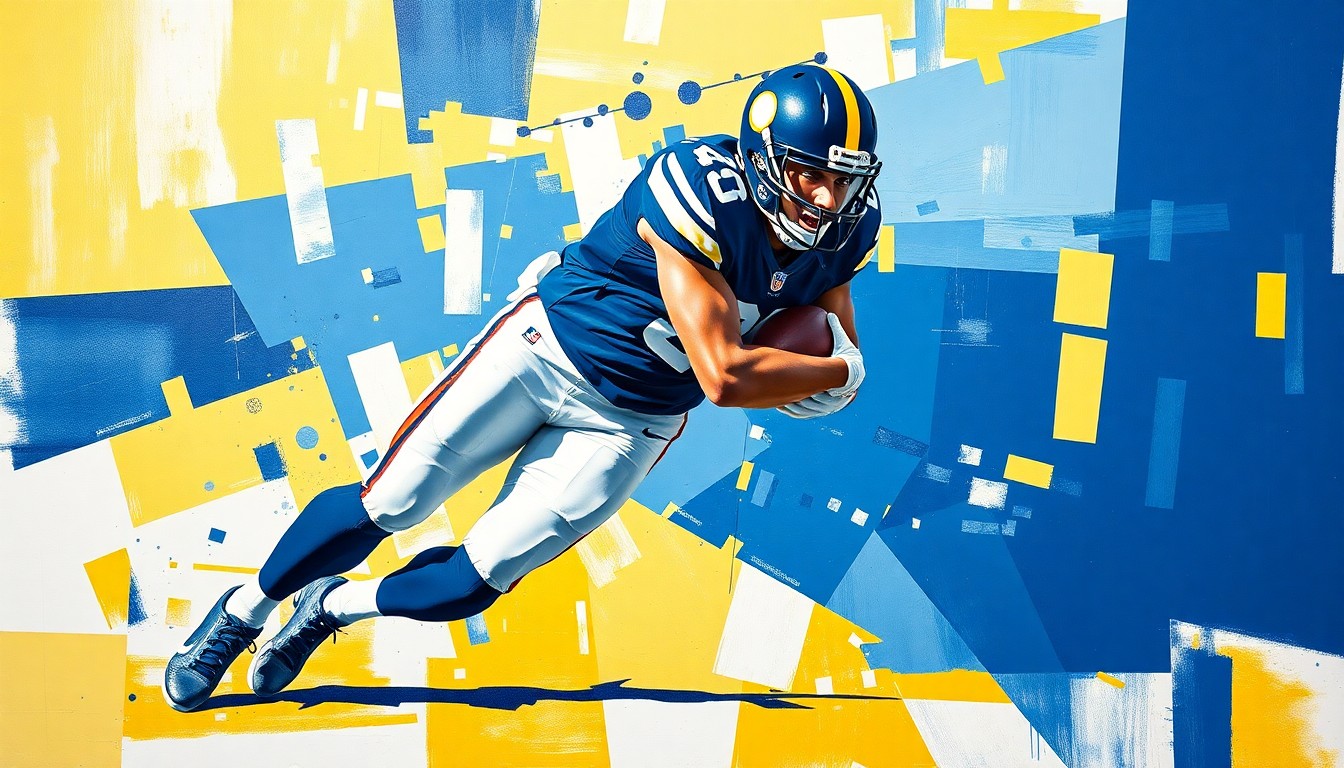 A cubist-style painting depicting a football player in the midst of a tackle, with the player's body broken down into sharp, overlapping geometric shapes in navy blue, white, and gold colors, conveying the raw energy and motion of the sport.