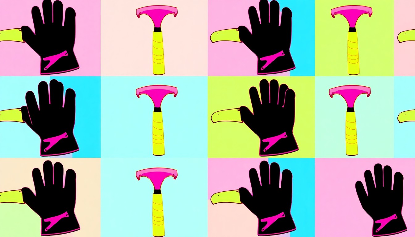 A bold, colorful silkscreen print featuring a repeated image of a trash grabber tool in vibrant neon shades, conceptually representing the collective community effort to clean up and beautify the city.