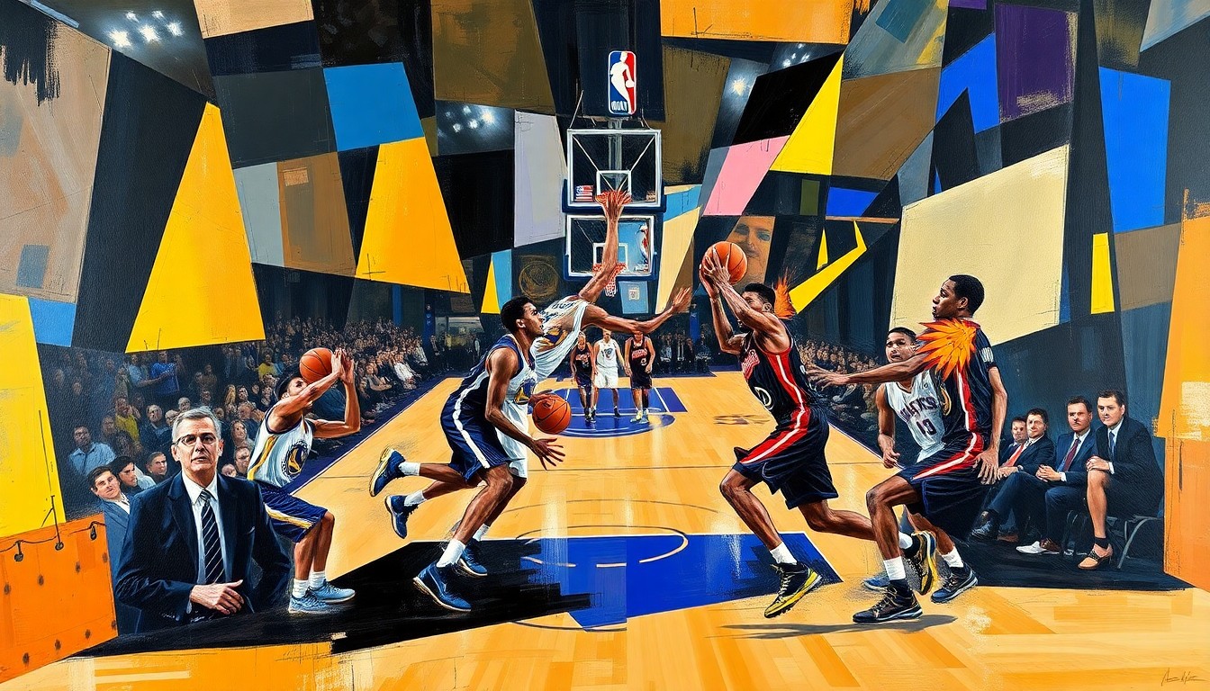 A cubist-style painting depicting a basketball game, with the players and court fragmented into sharp, overlapping geometric shapes and planes, conveying the intensity and movement of the game.