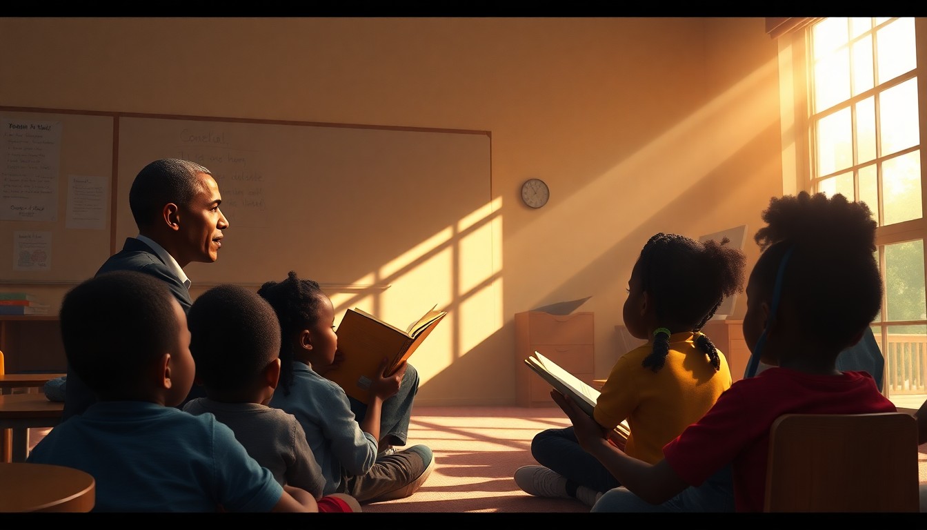 A serene, cinematic painting depicting former President Obama and Mayor Mamdani reading to a group of preschool children in a sunlit classroom, the scene bathed in warm, diagonal light and deep shadows, conceptually representing their collaboration on early childhood education.