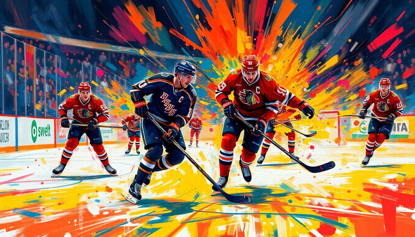 An abstract, expressionist painting featuring bold, neon-colored brushstrokes that capture the raw energy and physicality of a hockey playoff game, with players' bodies and equipment blending together in a vibrant, chaotic scene.
