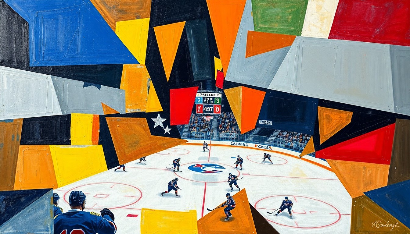A cubist, geometric painting depicting a hockey game, with players and the ice rink broken down into overlapping, angular shapes and planes in a range of blues, reds, and greens, conveying the intensity and strategic nature of the playoffs.