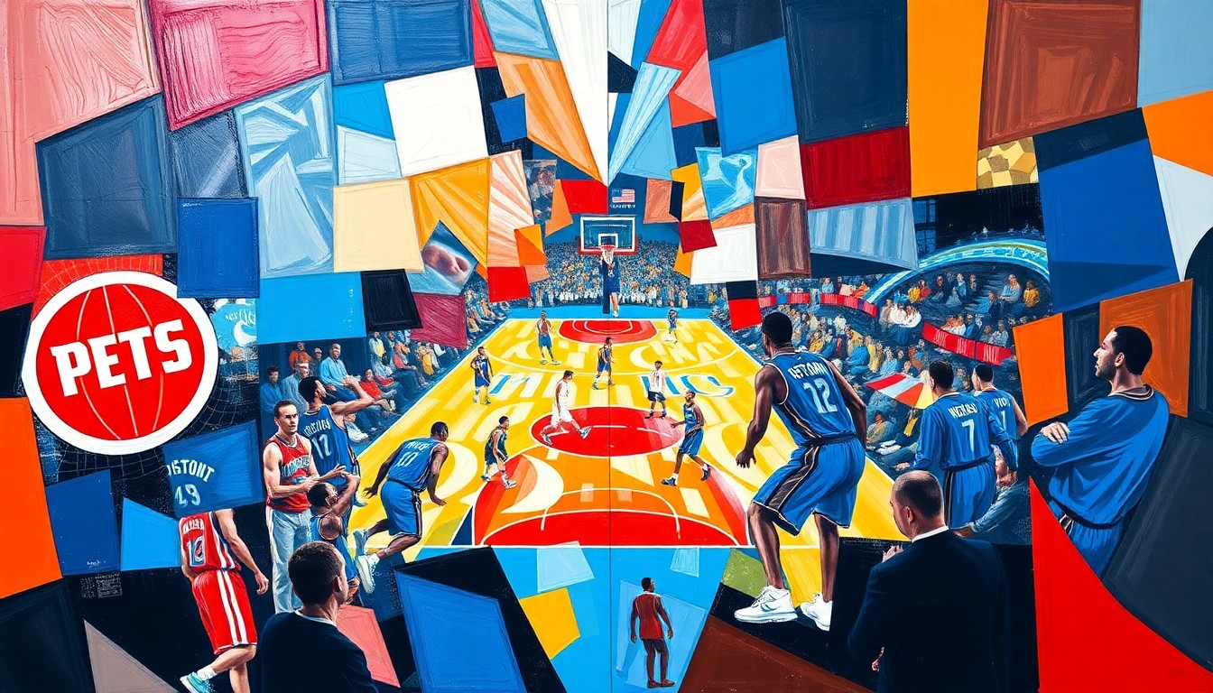 A cubist, geometric painting depicting the action of a basketball game, with fragmented, overlapping shapes in the Pistons' blue and red colors and the Magic's blue and white colors, capturing the energy and movement of the players on the court.