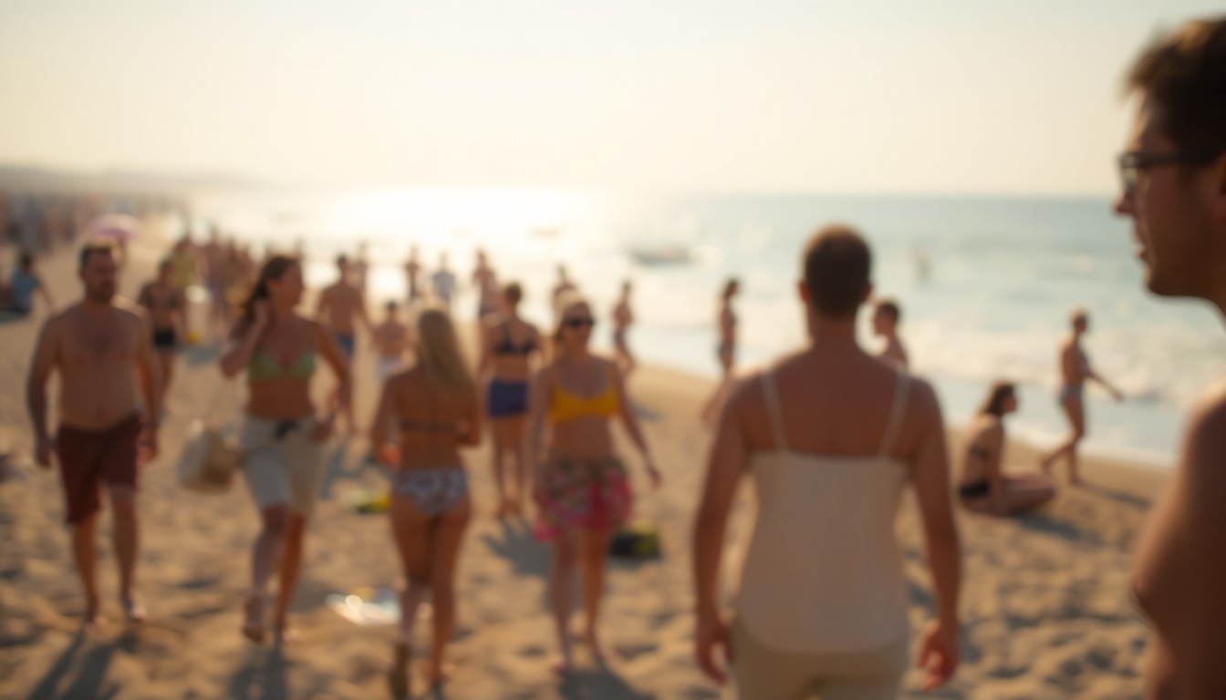 An abstract, impressionistic photograph of people relaxing on a sunny beach, with the scene blurred and softened into a dreamlike, atmospheric composition of warm colors and gentle light.