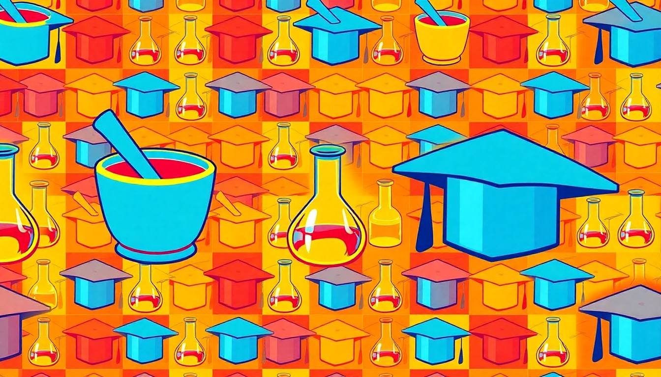 A bold, colorful silkscreen print featuring repeated icons of a mortar and pestle, a laboratory beaker, and a graduation cap, representing the educational and vocational training offered at the new Westside center.