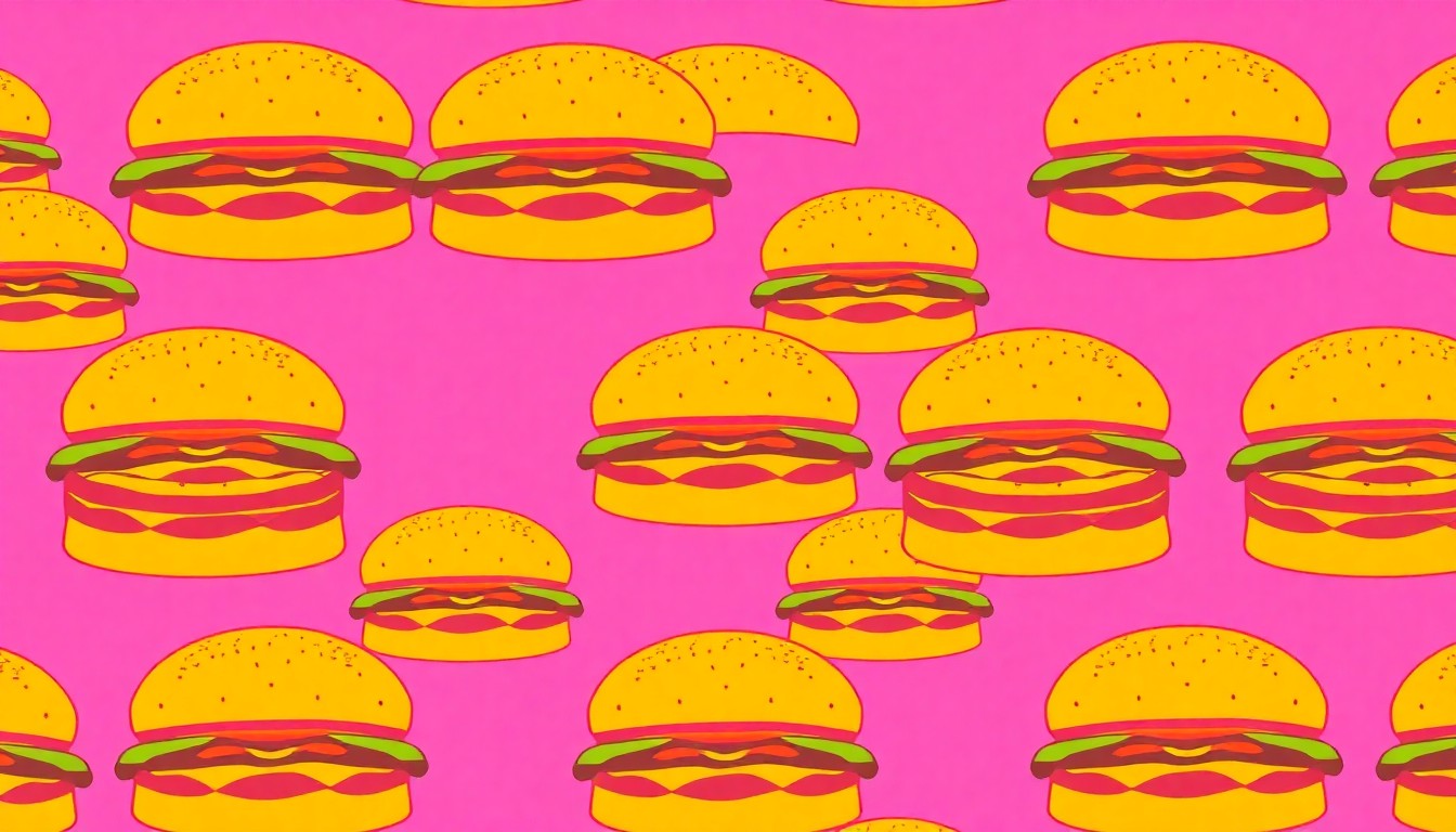 A brightly colored, high-contrast silkscreen print of a single, iconic burger icon repeated in a tight grid pattern, utilizing flat, vibrant, and unnatural neon color palettes overlapping with heavy black photographic outlines to turn the everyday burger into modern pop art.