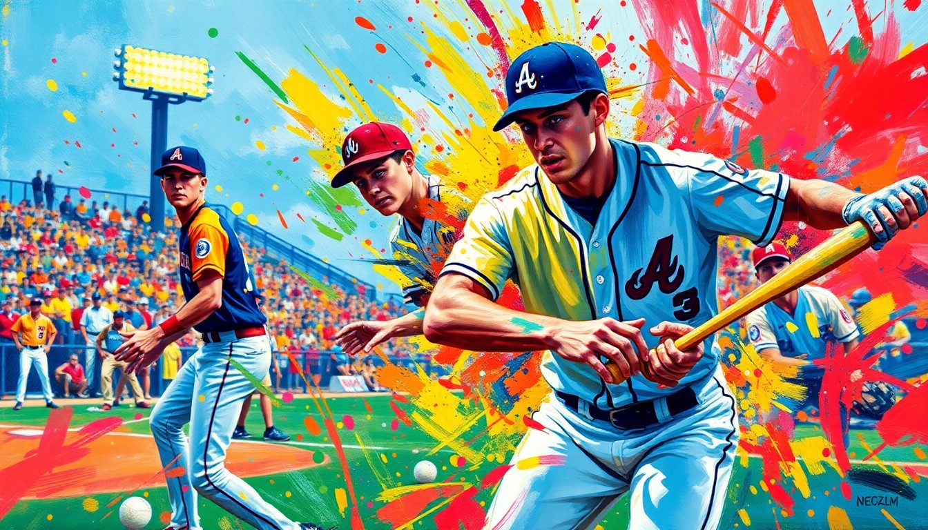 An abstract, energetic painting with bold, sweeping brushstrokes in neon shades of blue, orange, and green, capturing the dynamic action and emotion of a college baseball game.