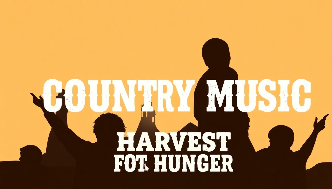 An abstract, minimalist illustration featuring overlapping geometric shapes and silhouettes in earthy tones, conveying the rustic, down-to-earth nature of a country music event supporting a charitable cause.