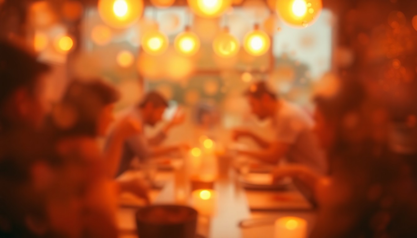 An abstract, impressionistic scene of soft, blurred light and color, conceptually representing the intimate, communal atmosphere of an exclusive dining event.