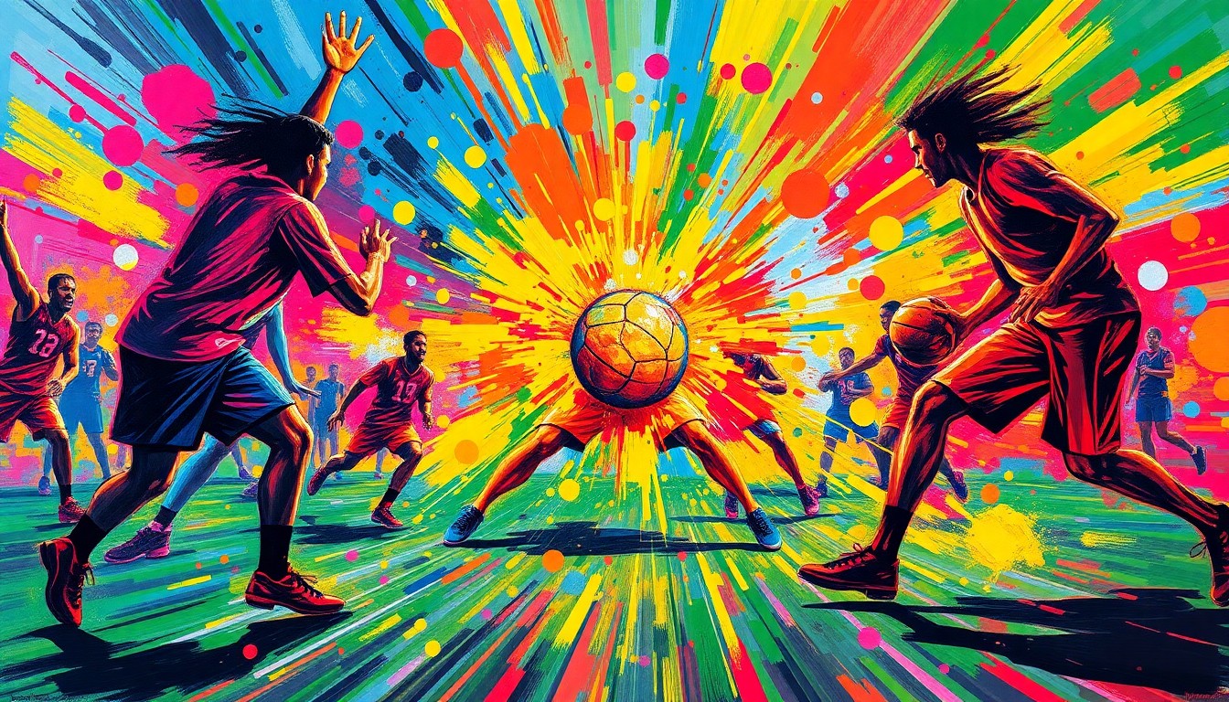 An abstract, expressionist painting in vibrant neon colors, capturing the dynamic motion and energy of a Boomball game with players and the ball blending into a colorful, energetic composition.