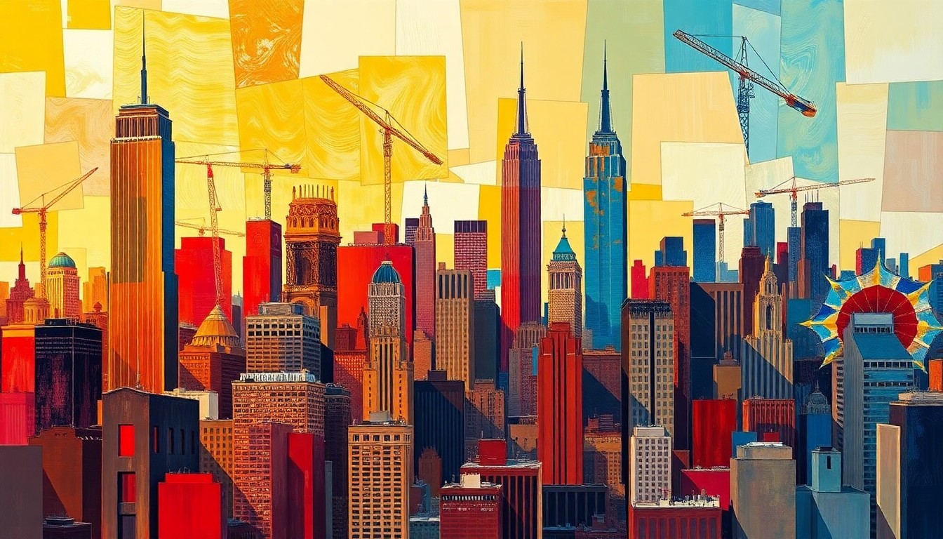 A dynamic, abstract painting of the New York City skyline with skyscrapers and construction cranes in overlapping geometric shapes and vibrant colors, conceptually representing the rapid changes and tensions in the city's cultural sphere.