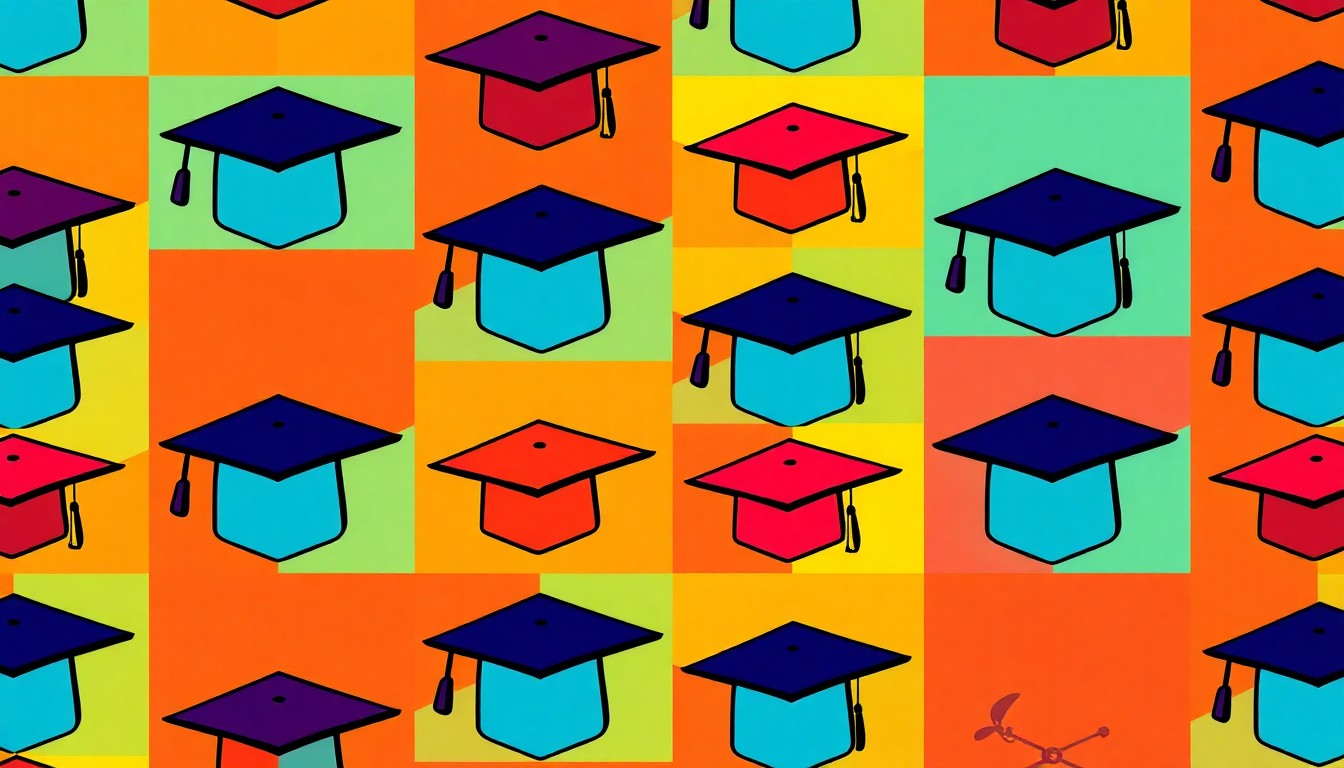 A bold, colorful silkscreen print featuring a repeated icon of a graduation cap in a grid pattern, capturing the energy and significance of Stony Brook University's presidential inauguration.