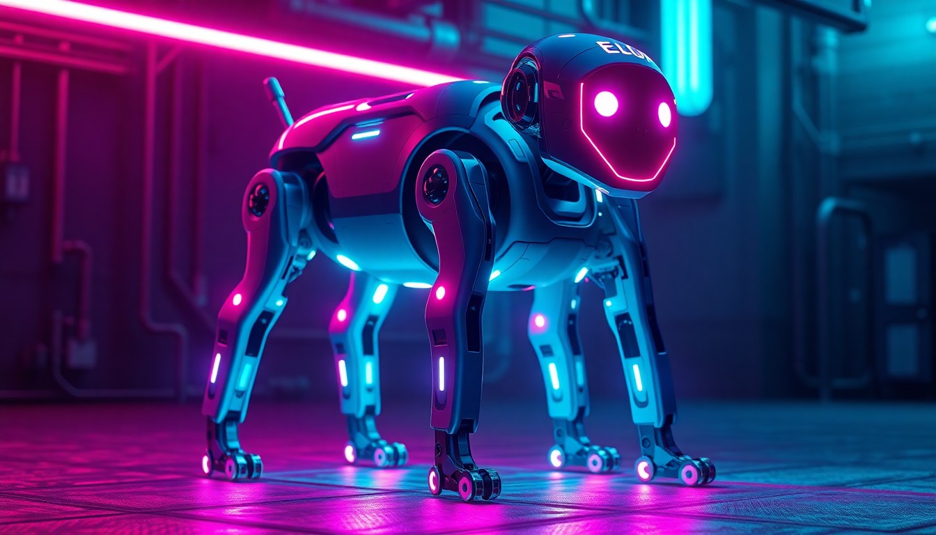 A highly detailed, glowing 3D illustration of a four-legged robot dog with the artificial face of Elon Musk, illuminated by neon cyan and magenta lights, standing in a dark, industrial-looking environment and conveying a sense of unsettling technological advancement.