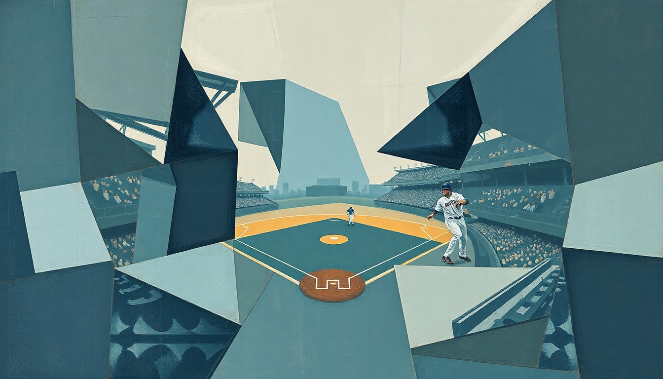 A cubist-style painting featuring overlapping geometric shapes and planes in muted colors, conceptually representing the fragmented and disjointed nature of the Mets' recent performance on the field.