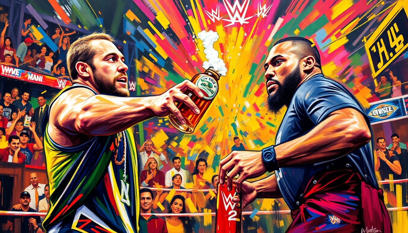 An extreme close-up of a blurred, neon-colored scene depicting NFL player George Kittle reaching to grab a beer from the hand of NBA player Tyrese Haliburton, capturing the raw energy and excitement of the moment.