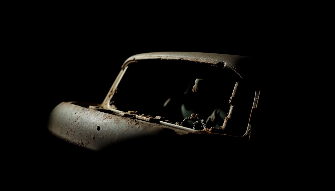 An extreme close-up photograph of a rusted car part or piece of evidence from the Martin family's submerged vehicle, lit by a harsh, direct camera flash against a pitch-black background, conceptually illustrating the gritty, investigative nature of this cold case.