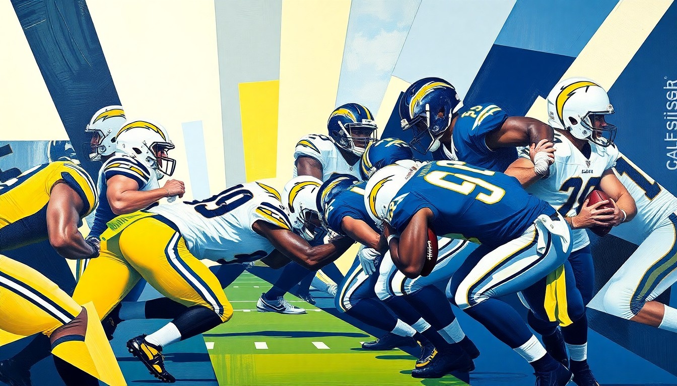 A cubist, geometric painting depicting an abstract football play, with sharp, overlapping shapes in the Chargers' team colors of navy blue, powder blue, and gold, conceptually representing the team's strategic approach to the draft.