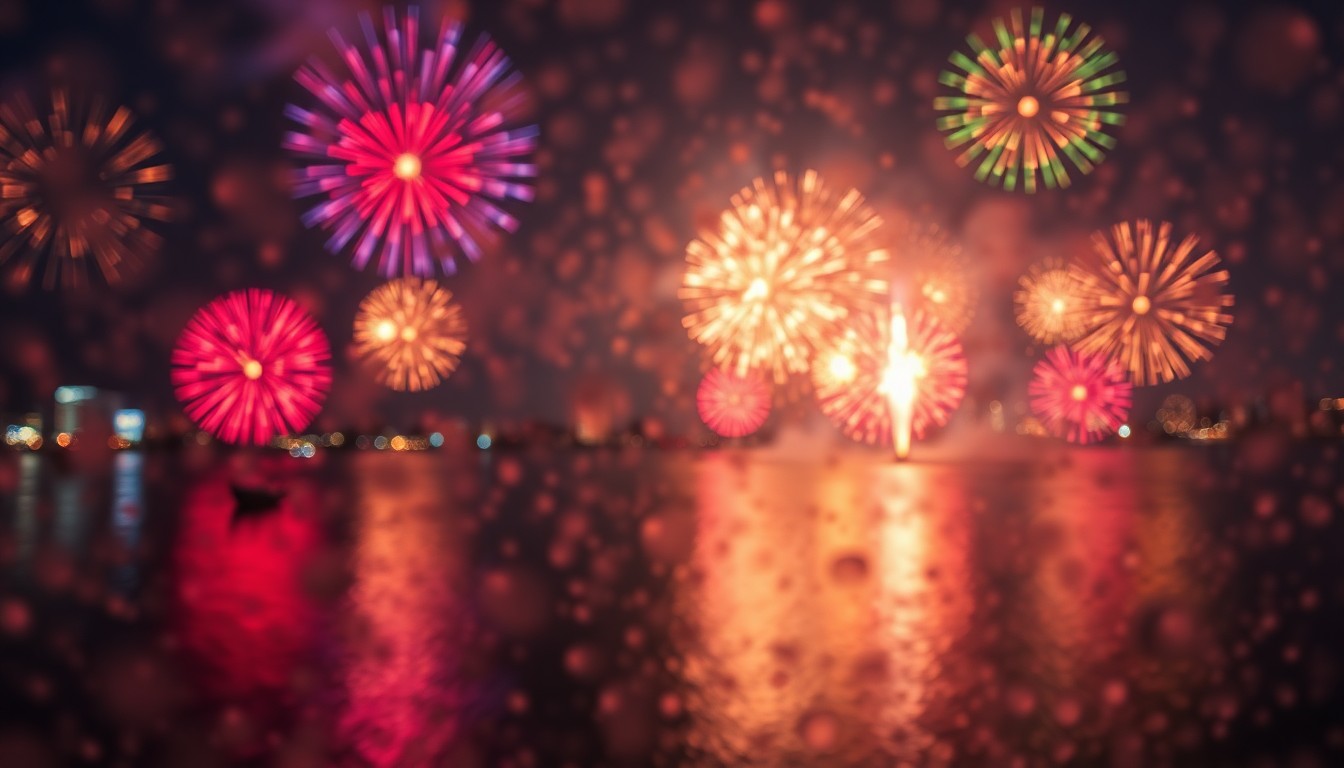 An abstract, impressionistic image of a colorful fireworks display reflected in the rippling waters of the Ohio River, captured through a hazy, out-of-focus lens.