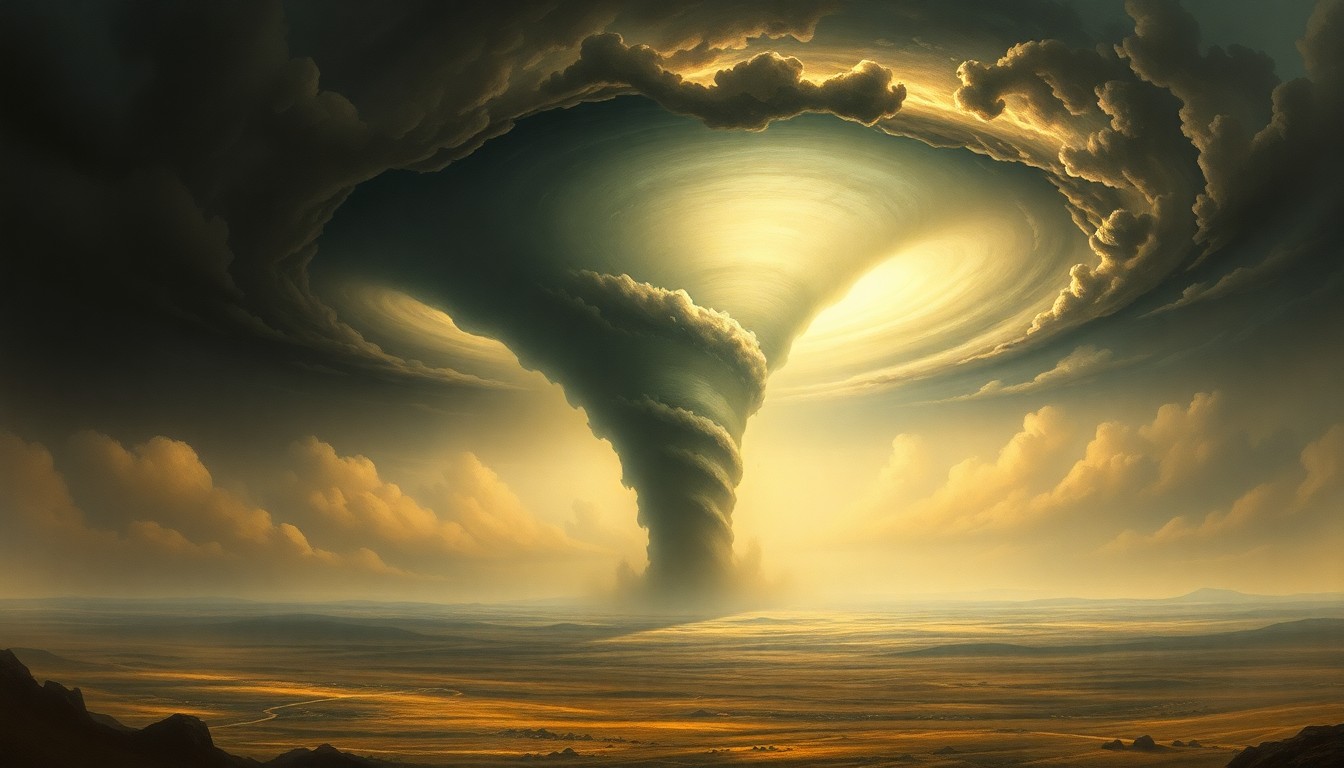 A sweeping, atmospheric landscape painting in muted tones, with a massive tornado vortex dominating the horizon and dwarfing any visible structures, conveying the overwhelming, sublime power of nature.