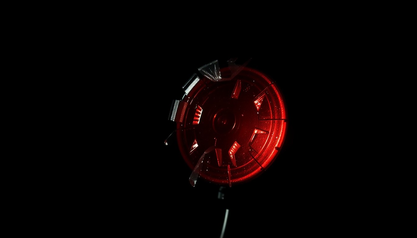 An extreme close-up photograph of a shattered bicycle reflector against a pitch-black background, capturing the stark, gritty aftermath of a tragic hit-and-run incident that took the life of a cyclist.