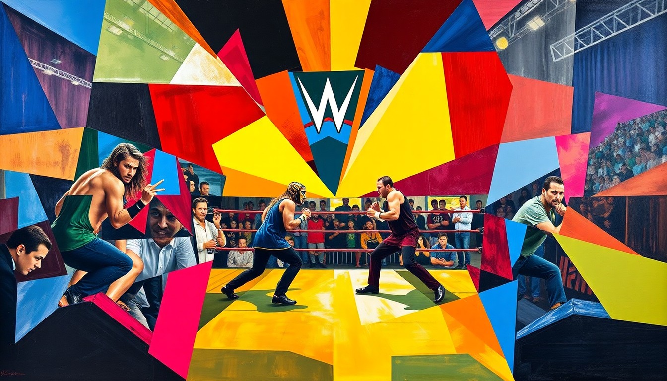 A fragmented, abstract painting featuring sharp, overlapping geometric shapes in bold primary colors, conceptually representing the dynamic action of a WWE wrestling match.