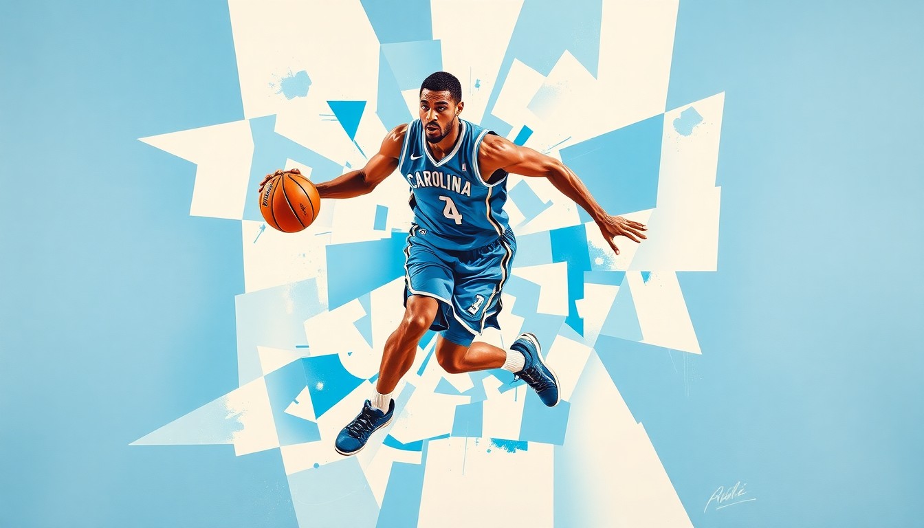 A fragmented, cubist-style painting depicting a basketball player in motion, with sharp geometric shapes and planes in shades of blue, white, and black.