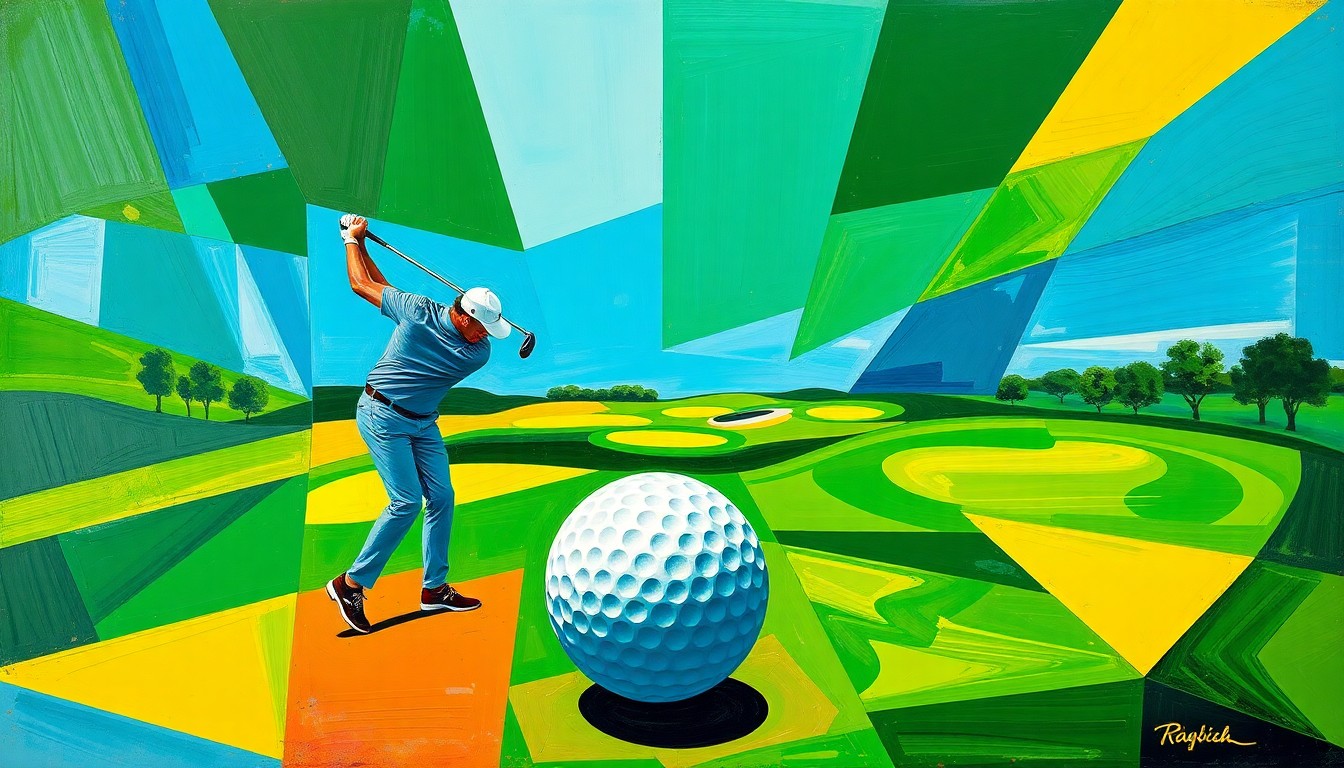A fragmented, geometric painting depicting a golfer's swing, a golf ball in flight, and the undulating fairways of a golf course, all rendered in a cubist style using bold, intersecting planes of color.