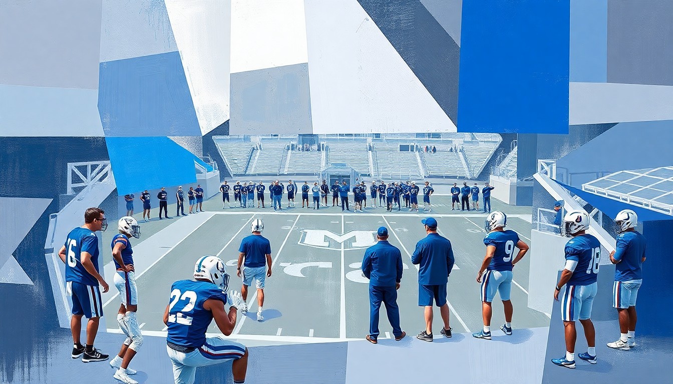 A cubist, geometric painting depicting fragmented images of college football players, coaches, and equipment, representing the energy and progress of the Memphis Tigers' spring practice sessions.