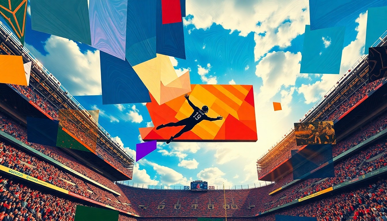 A cubist-style painting depicting a skydiver crashing into a football stadium scoreboard, with the scene broken down into sharp, overlapping geometric shapes and planes of color.