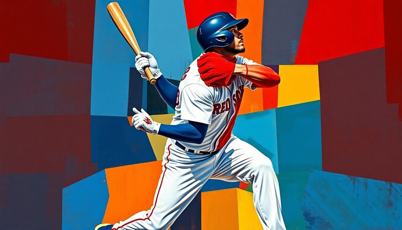 A cubist-style painting depicting a baseball catcher in mid-motion, broken down into sharp, overlapping geometric shapes in the vibrant colors of the Red Sox uniform.