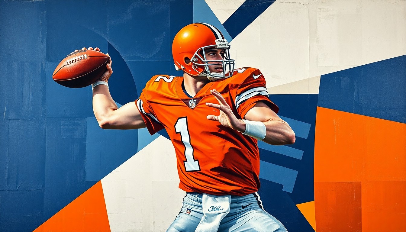 A fragmented, geometric painting depicting a football quarterback in the midst of a passing attempt, with sharp planes of color representing the chaotic nature of the play.