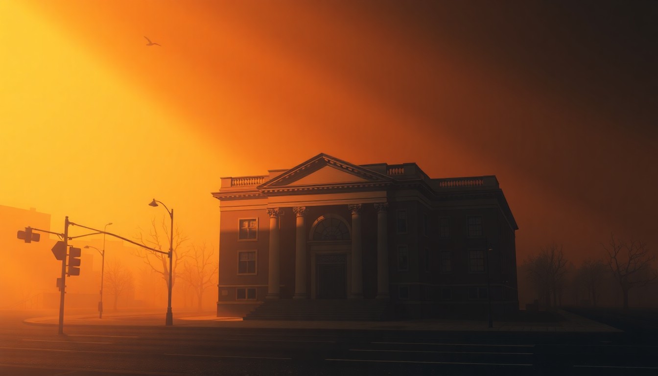 A serene, photorealistic painting of a stately city hall building in warm, golden light, conveying a sense of civic pride and governmental authority, yet also a hint of solemnity and distance from the public it serves.