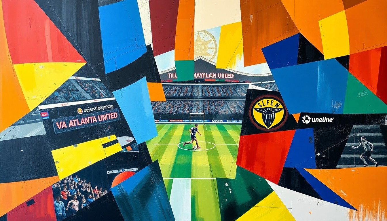 A fragmented, cubist-style painting depicting the action and energy of a soccer match, with players and the field broken down into sharp, intersecting geometric shapes and planes in vibrant colors.