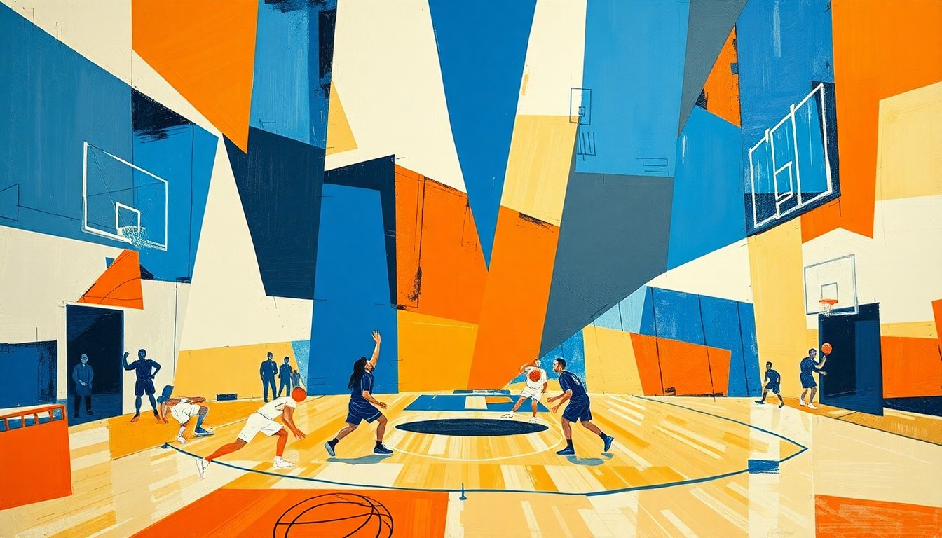 A cubist, geometric painting depicting a basketball game broken down into sharp, overlapping planes of blue, orange, and white, conceptually representing the shifting nature of college basketball transfers.