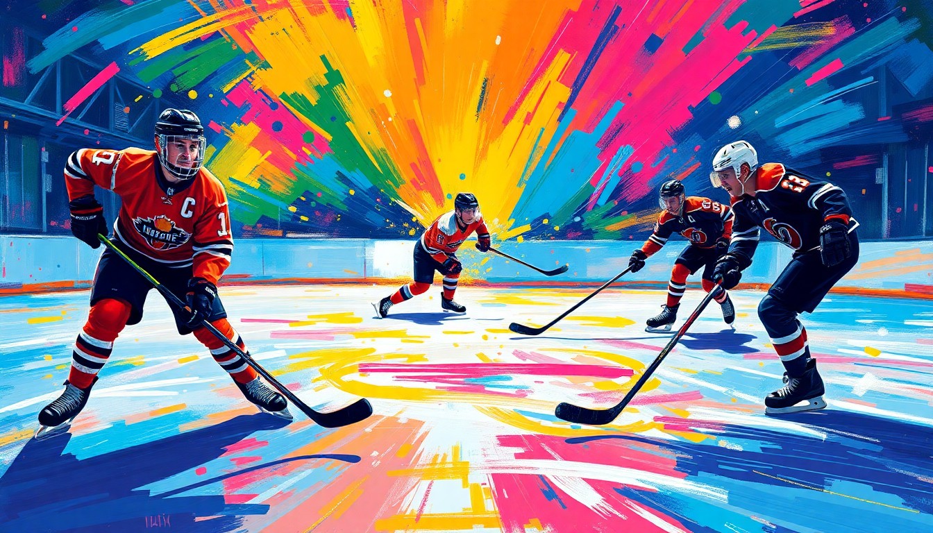 An abstract, expressionist painting in neon colors depicting the dynamic movements of hockey players with disabilities competing on the ice, their faces and identities obscured in a blur of vibrant brushstrokes.