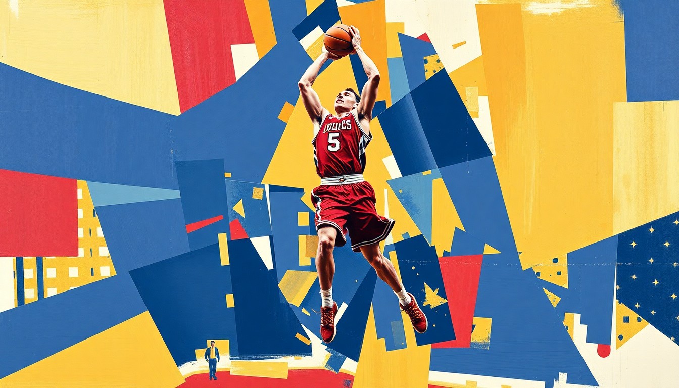 A fragmented, geometric painting depicting a college basketball player in motion, with sharp planes of navy, crimson, and gold colors, conveying the energy and artistry of the sport.