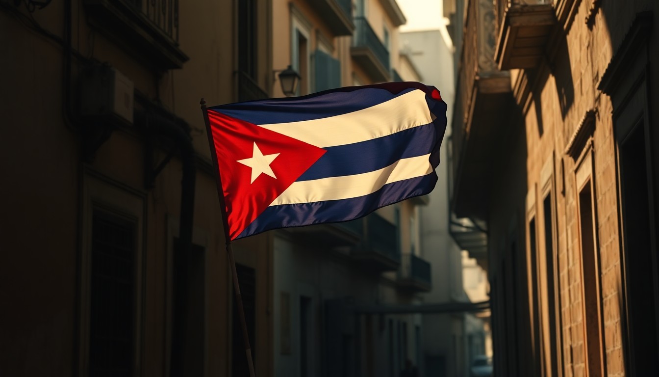 A cinematic painting of a solitary Cuban flag waving in the warm, diagonal sunlight of a quiet Havana street, with deep shadows cast across the weathered buildings, capturing the resilience and pride of the Cuban people.