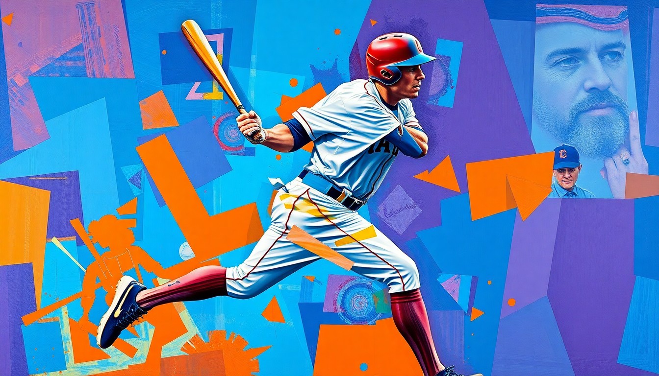A cubist-style painting depicting a baseball player in motion, broken down into sharp, overlapping geometric shapes in a vibrant color palette, conceptually representing the rapid recovery and return of the player to the field.