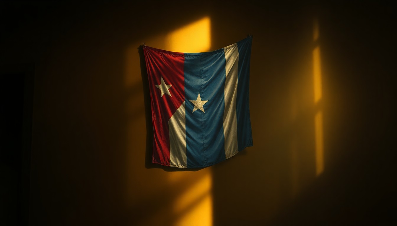 A cinematic painting of an old, weathered Cuban flag hanging in a dimly lit room, the fabric catching warm, diagonal sunlight and casting deep shadows, conveying a sense of melancholy and historical weight.
