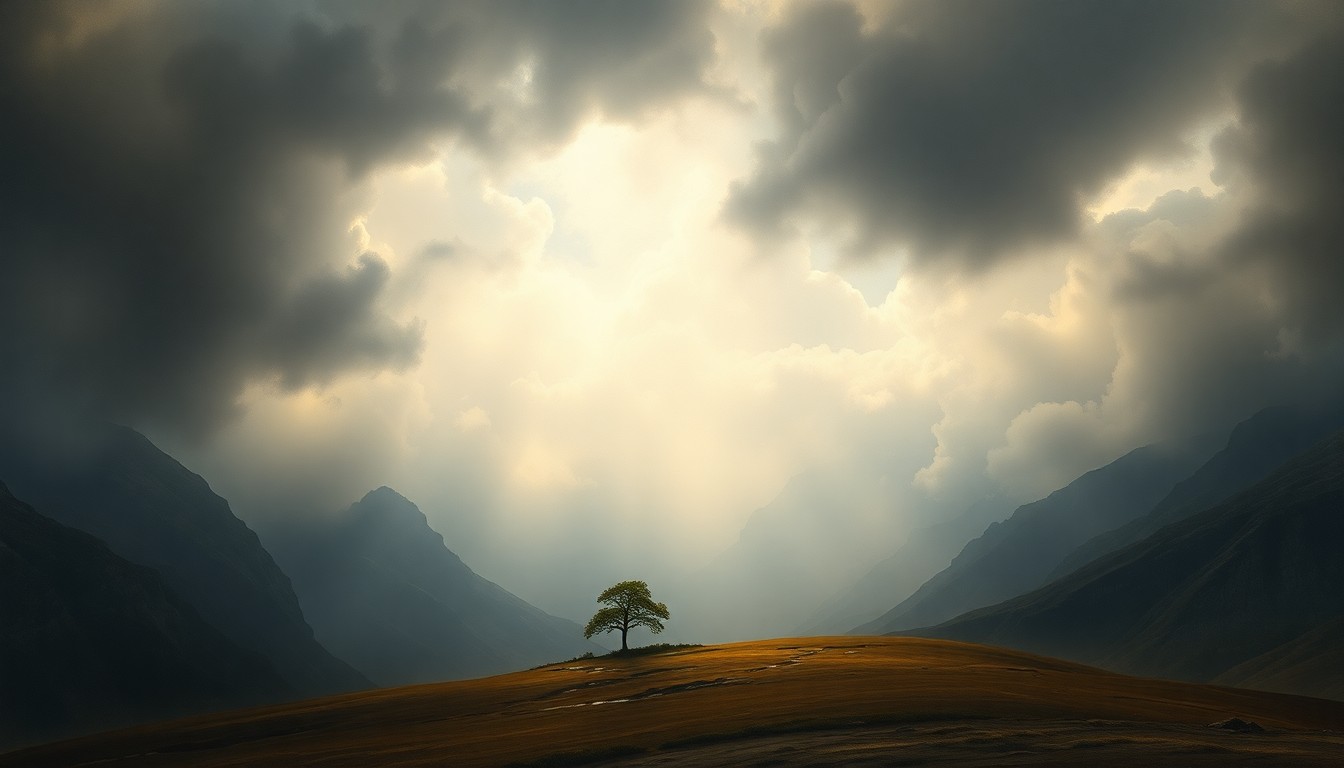 A vast, atmospheric landscape painting featuring a lone tree or structure dwarfed by a sweeping, dramatic sky filled with heavy, ominous clouds, conveying the overwhelming scale and power of an approaching storm system.