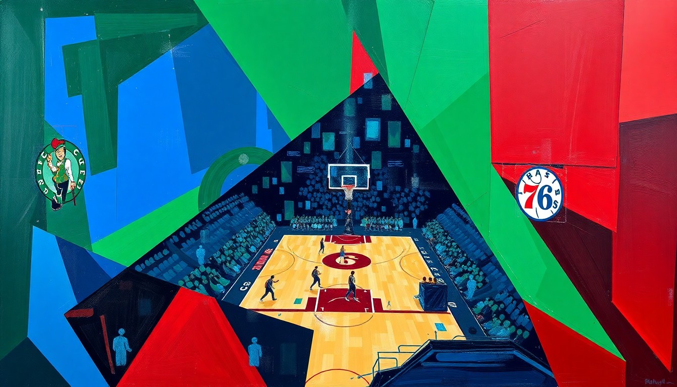 A fractured, cubist-style painting depicting a basketball game between the Boston Celtics and Philadelphia 76ers, with the players and court broken down into sharp, overlapping geometric shapes in a vibrant color palette.