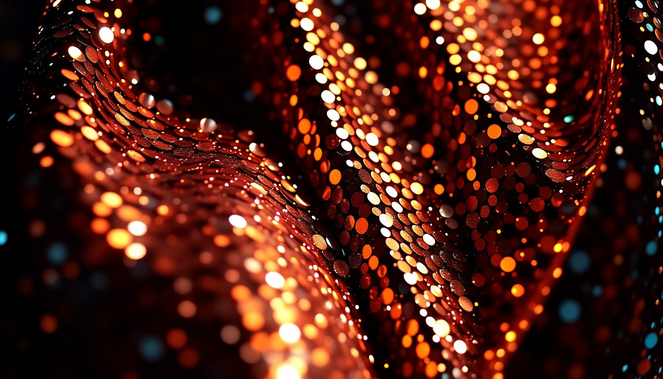 An abstract close-up photograph of shimmering sequins and glittering disco glass textures, capturing the luxurious and eye-catching essence of Kylie Jenner's Coachella festival fashion.