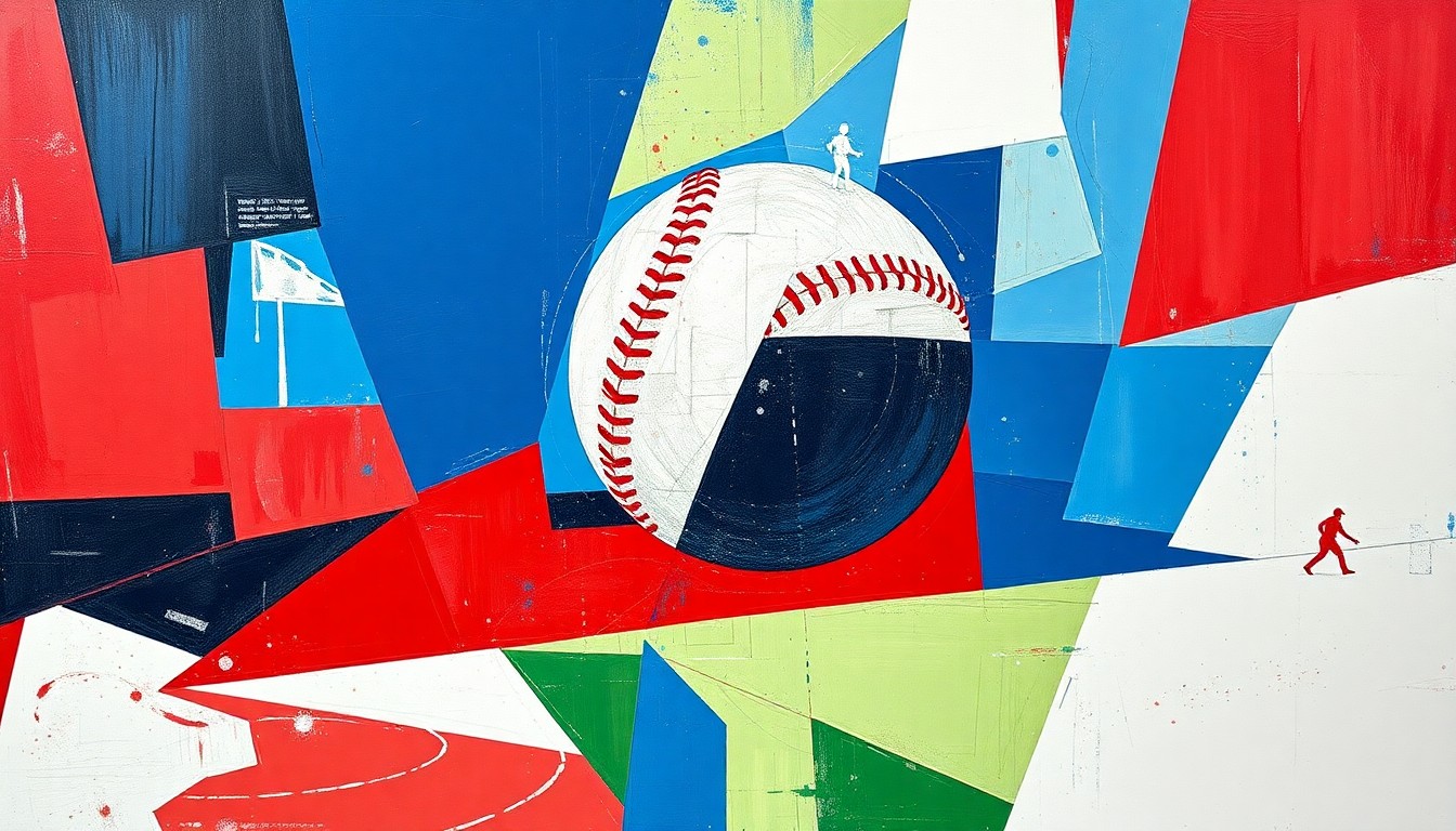 A cubist-style painting depicting a softball game broken down into sharp, overlapping geometric shapes in crimson, navy, and white, conveying the intensity and energy of the game's dramatic conclusion.