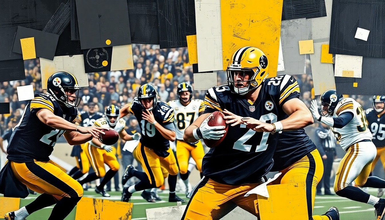 A fragmented, cubist-style painting depicting a football player in motion, with sharp geometric shapes and planes in the Steelers' team colors of black, gold, and white, conceptually representing the complex factors the team must weigh in determining their quarterback situation.