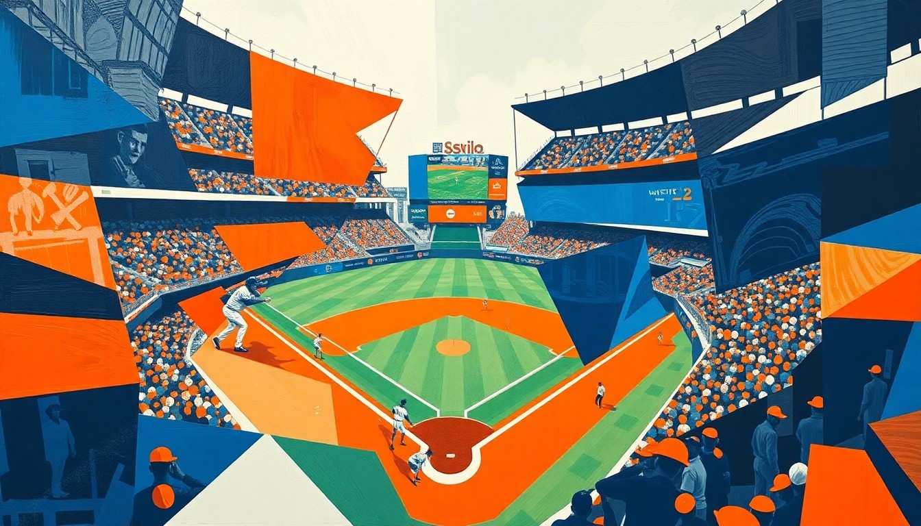 A fragmented, geometric painting depicting the dynamic movements and energy of a baseball game, with sharp planes of navy blue, orange, and white intersecting to create a visually striking, abstract composition.