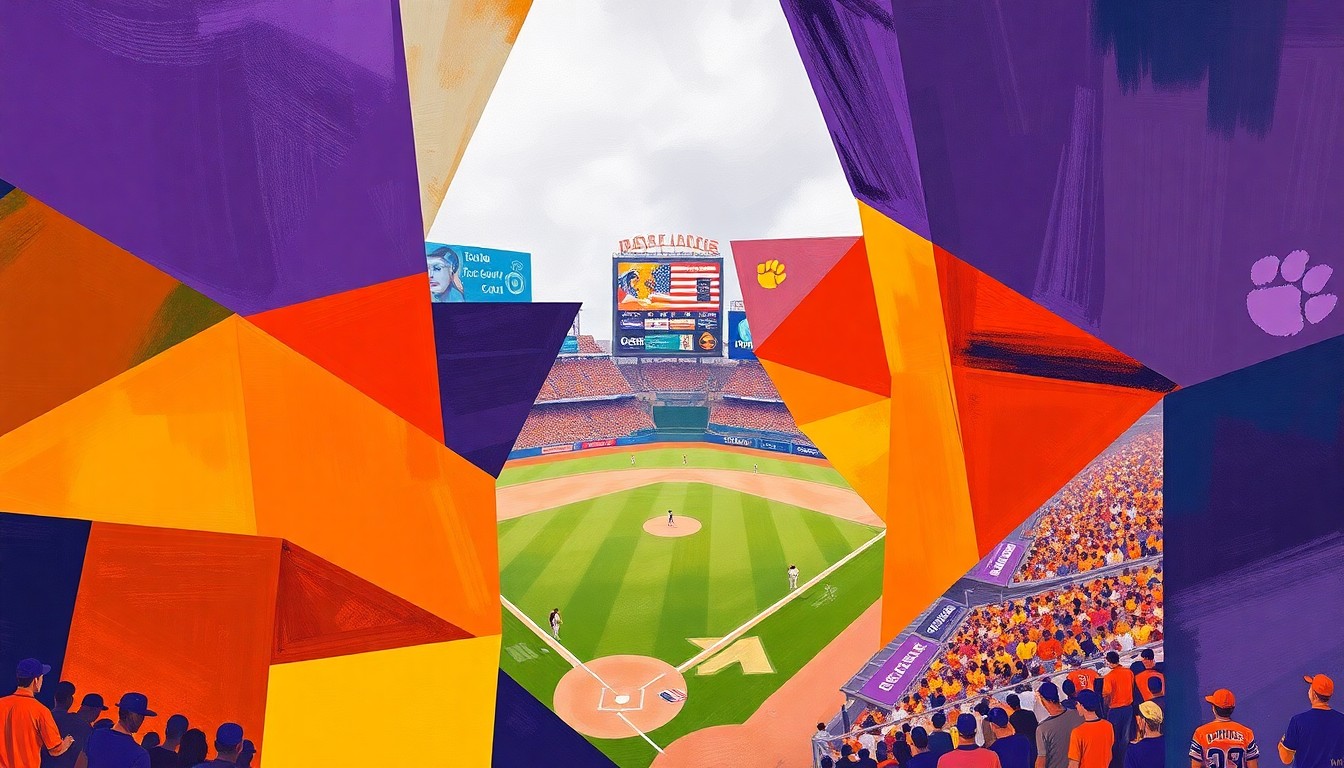A vibrant, cubist-style painting featuring overlapping geometric shapes in Clemson's signature orange and purple colors, conceptually representing the fractured state of the Tigers' baseball team as they fight to keep their postseason hopes alive.